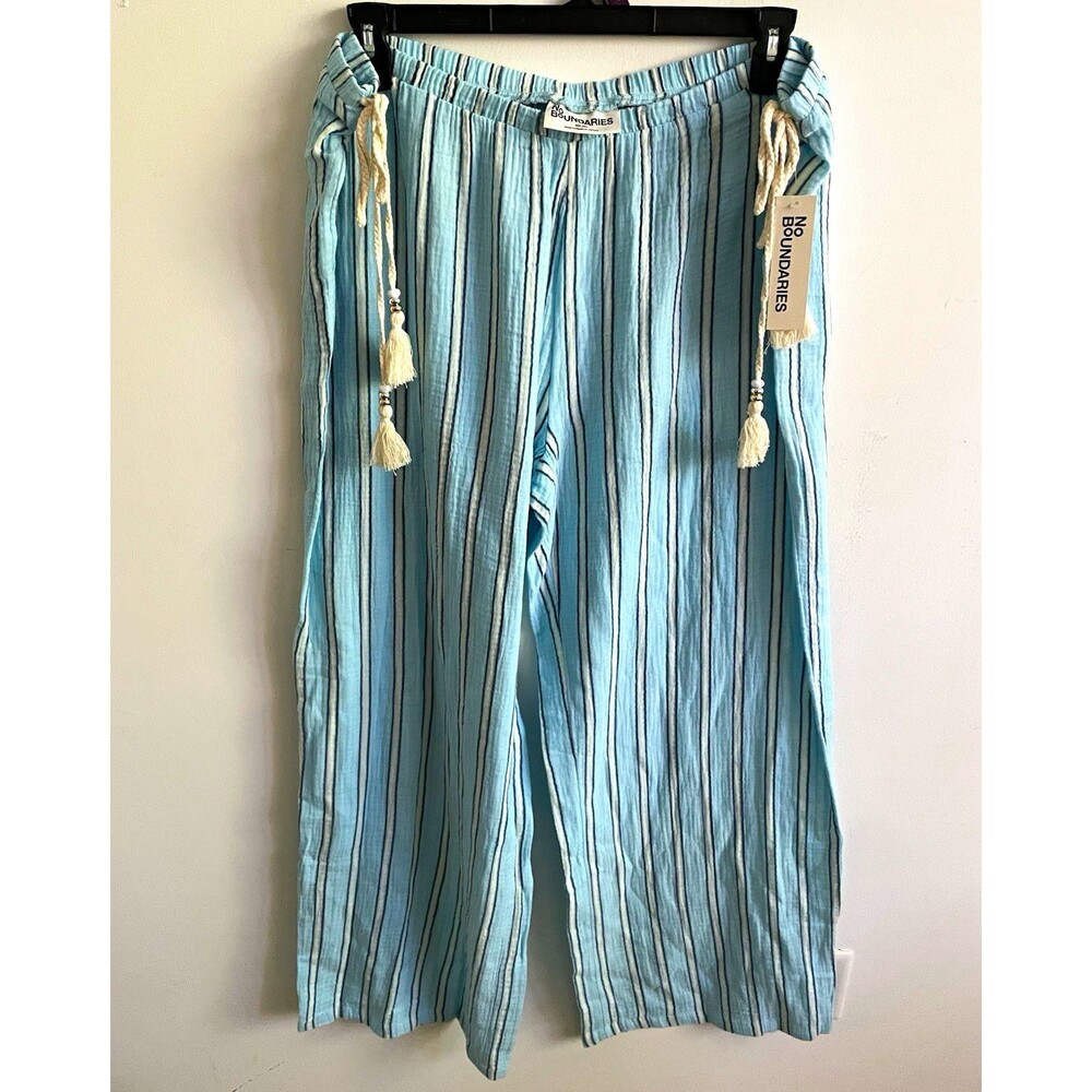No Boundaries Women's Blue Striped Gauze Beach Pants Plus 2XL Drawstring Tassel